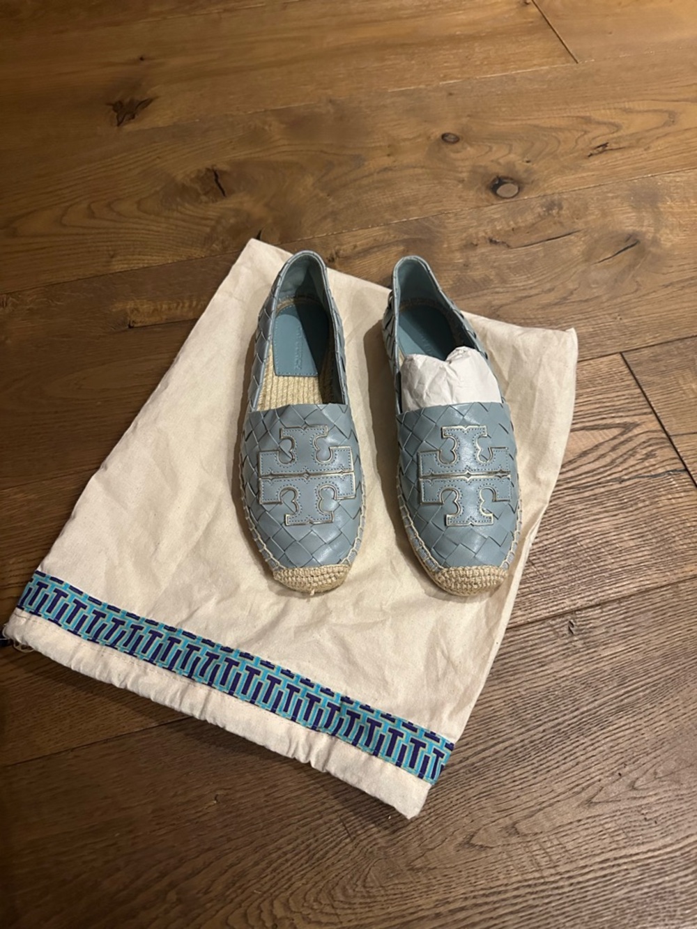 Tory Burch Powder Blue Woven Leather Espadrille Flats